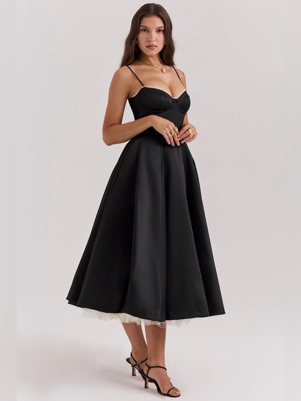 House of CB Black Mademoiselle Dress A-Line Midi Dress with Sweetheart Bodice